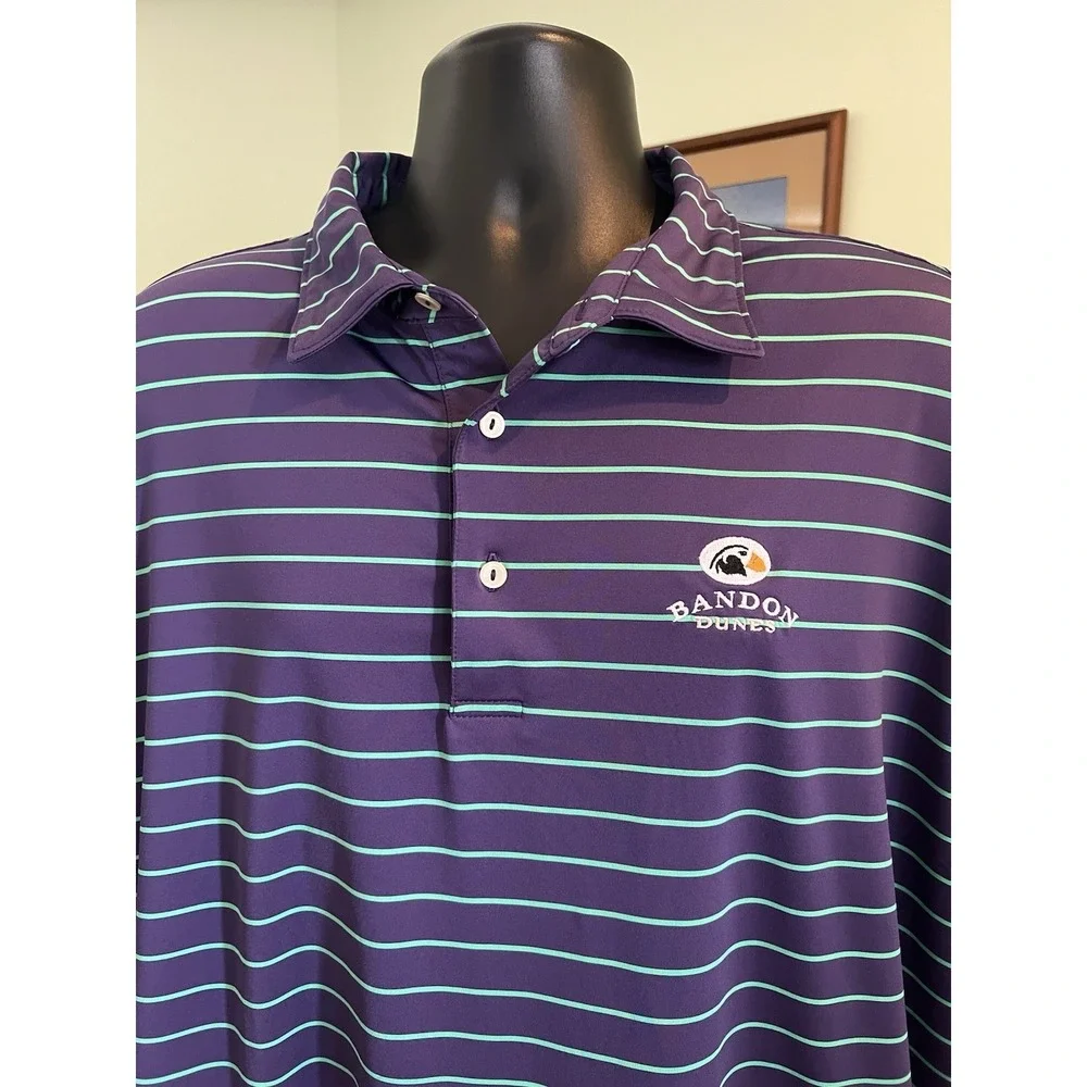 Peter Millar Polo Golf Shirt Mens XXL Bandon Dunes Purple Green Striped Collar